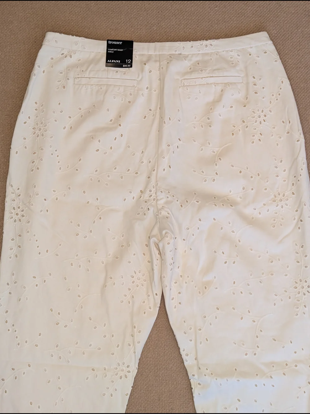 Alfani Cream Embroidered Eyelet Straight Leg Ankle Pants Cotton